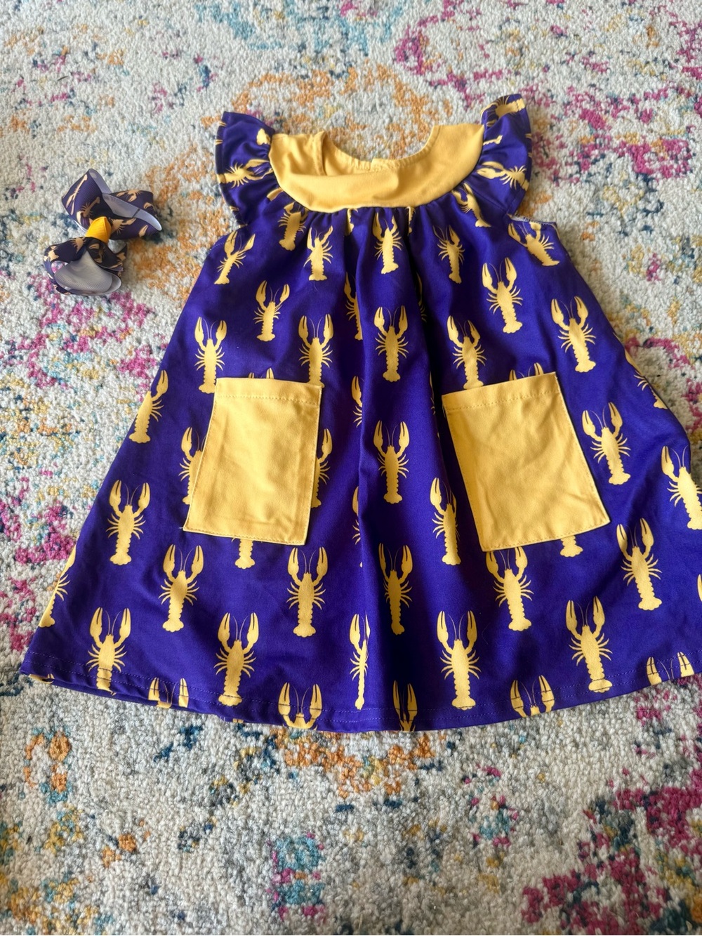 Purple & Yellow Lobster Print Girls Dress with Pockets